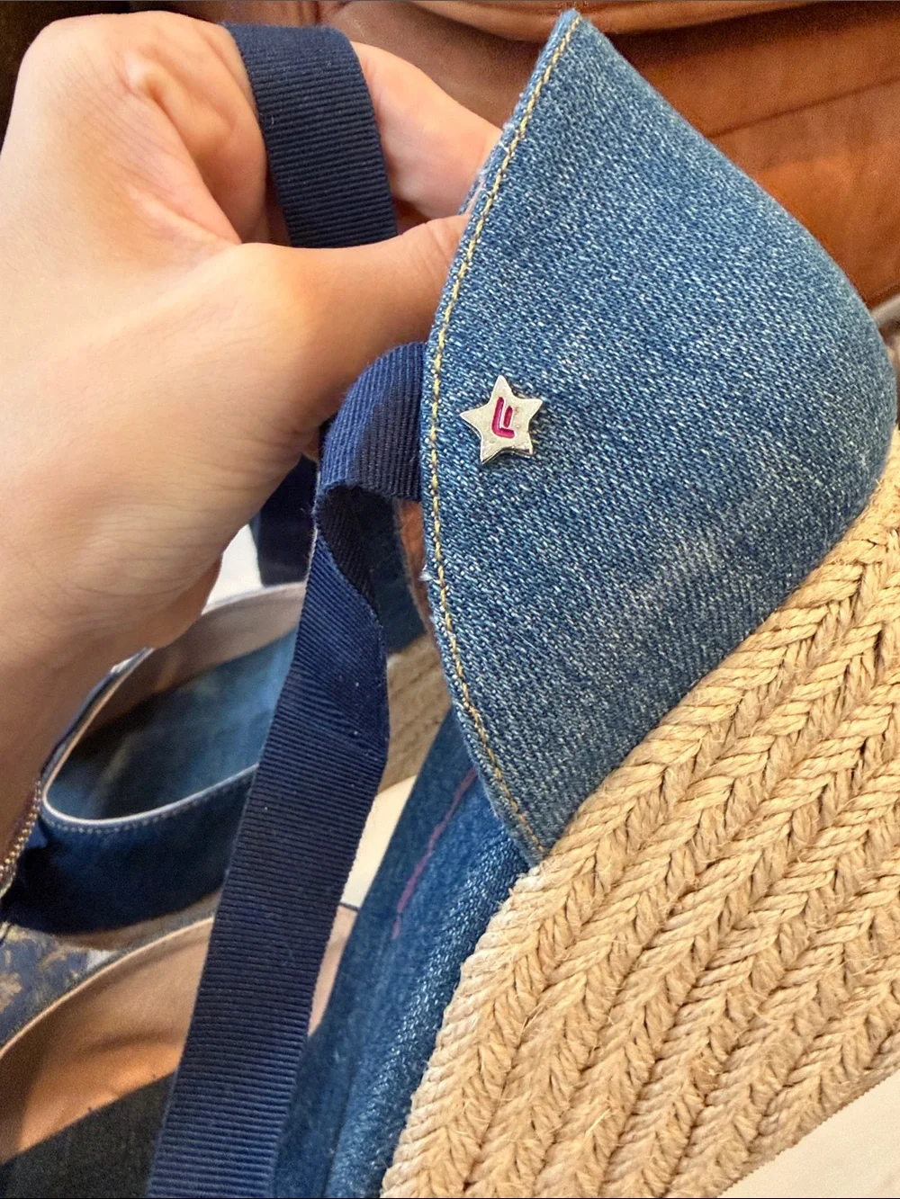 Denim Espadrille Wedge Sandals with Navy Ribbon Detail